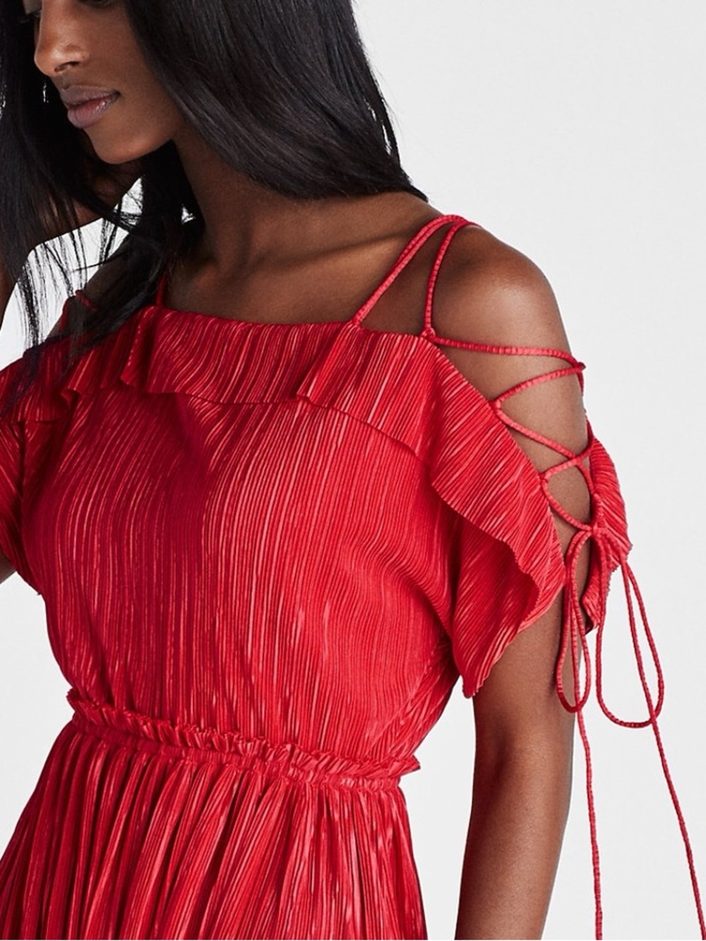 Red Express Pleated Cold Shoulder Midi Dress